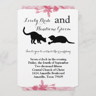 Playful Cats Pink Floral Wedding Invitation