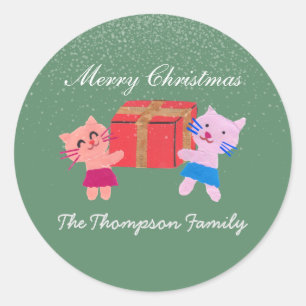 playful cats with gift box moss green Christmas Classic Round Sticker