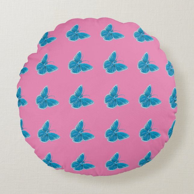 Playful Chapman's Blue Butterflies Flying Pattern Round Cushion (Front)