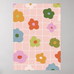 Playful  chequered plaid with daisies  poster