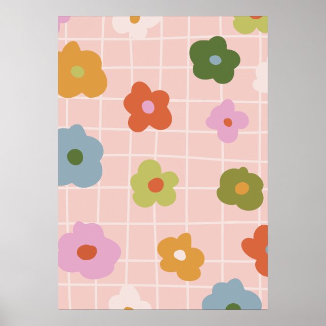 Playful  chequered plaid with daisies  poster (Front)