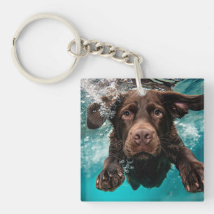 Playful Chocolate Labrador Swimming Underwater Key Ring