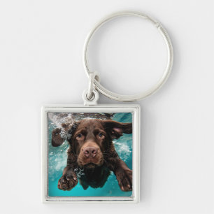 Playful Chocolate Labrador Swimming Underwater Key Ring