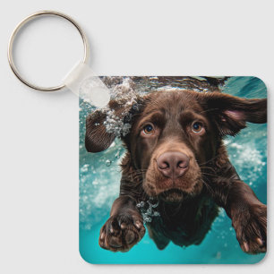Playful Chocolate Labrador Swimming Underwater Key Ring