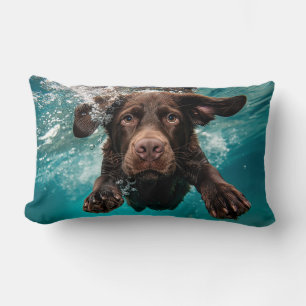 Playful Chocolate Labrador Swimming Underwater Lumbar Cushion