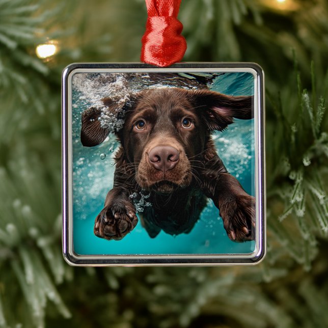 Playful Chocolate Labrador Swimming Underwater Metal Ornament (Tree)
