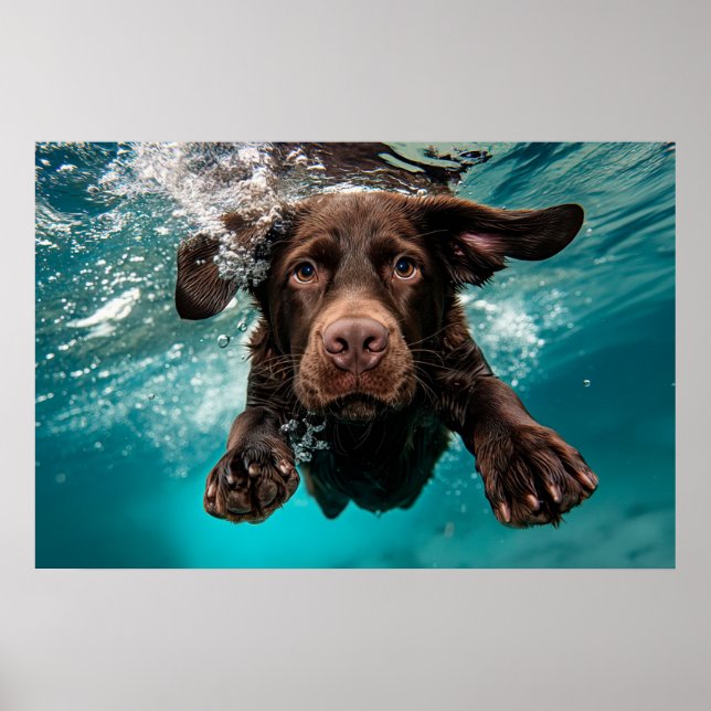 Playful Chocolate Labrador Swimming Underwater Poster (Front)