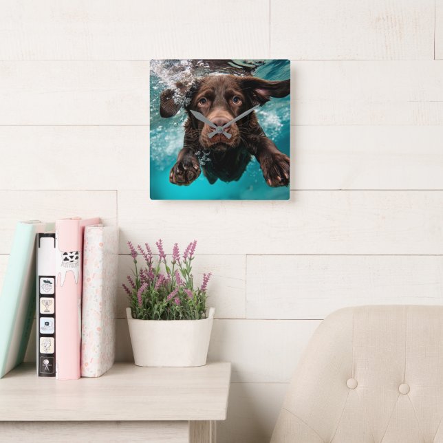 Playful Chocolate Labrador Swimming Underwater Square Wall Clock (Reading Room)