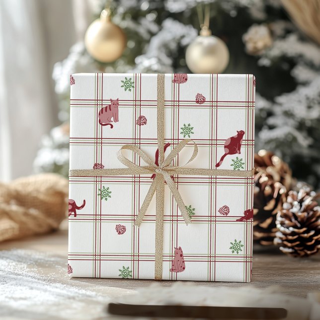 Playful Christmas Cats on Cranberry- Green Plaid Wrapping Paper (Creator Uploaded)