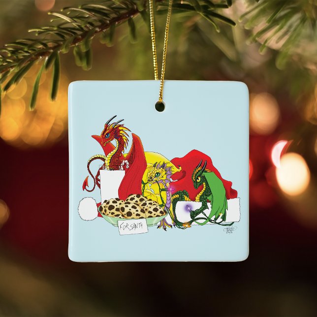 Playful Christmas Dragons Fantasy Milk Cookies Ceramic Ornament (Creator Uploaded)
