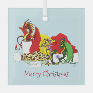 Playful Christmas Dragons Fantasy Milk Cookies Glass Tree Decoration