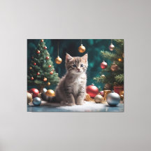 Playful Christmas Kitten by the Tree with Ornament