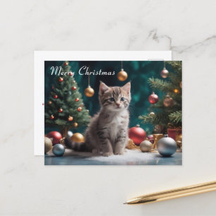 Playful Christmas Kitten by the Tree with Ornament Postcard