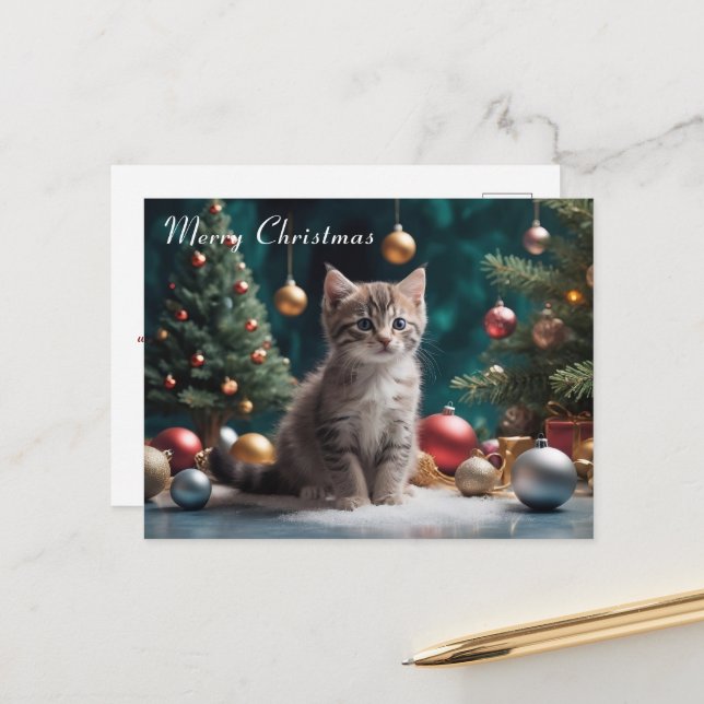 Playful Christmas Kitten by the Tree with Ornament Postcard (Front/Back In Situ)