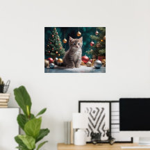 Playful Christmas Kitten by the Tree with Ornament