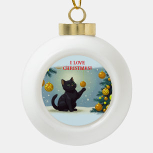 Playful Christmas Kitten Ceramic Ball Christmas Ornament