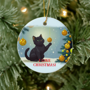 Playful Christmas Kitten Ceramic Ornament