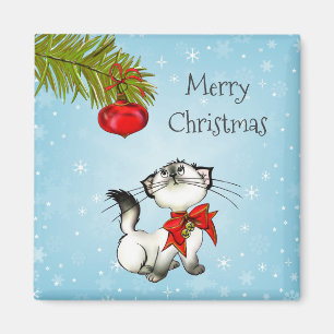 Playful Christmas Kitty With Red Bow Magnet