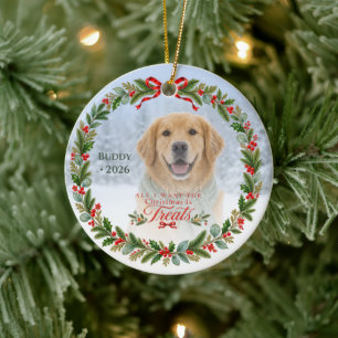 Playful Christmas Treats Dog Photo Ceramic Ornament