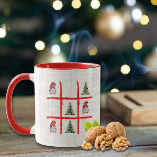 Playful Christmas Trees and Gnome Tic Tac Toe Card Mug