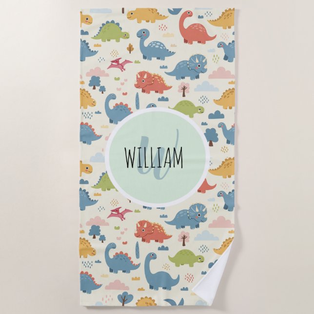 Playful Colourful Dinosaur Pattern Personalised Beach Towel (Front)