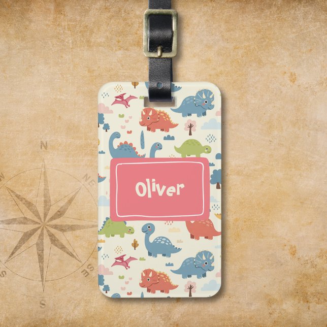 Playful Colourful Dinosaur Pattern Personalised Luggage Tag (Creator Uploaded)