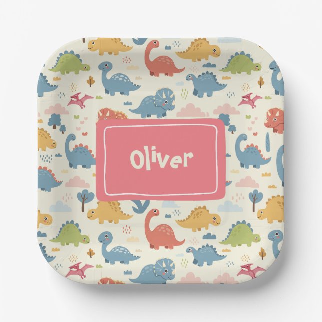 Playful Colourful Dinosaur Pattern Personalised Paper Plate (Front)