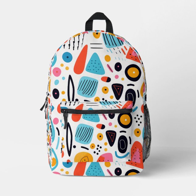 Playful Colourful Geometric Memphis Style Pattern Printed Backpack (Front)