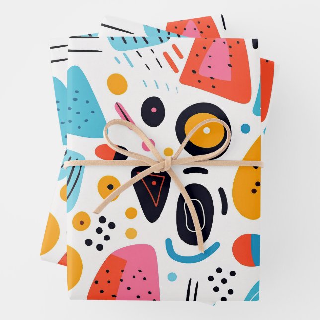 Playful Colourful Geometric Memphis Style Pattern Wrapping Paper Sheet (In situ)