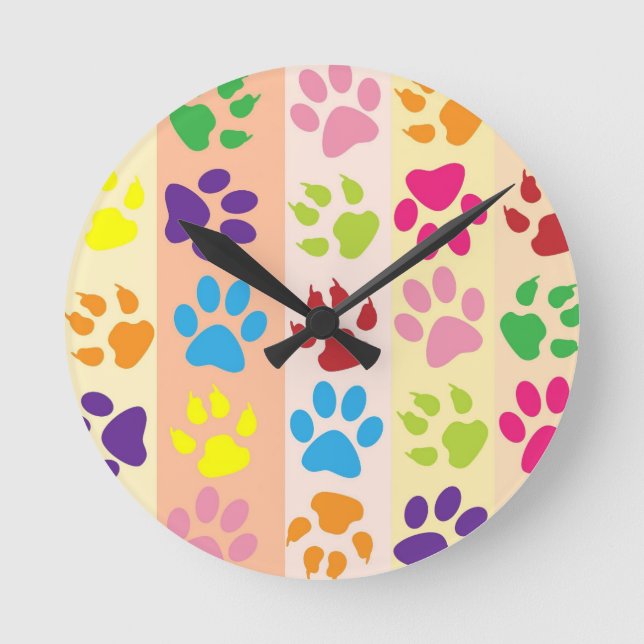 Playful Colourful Paw Prints Modern Round Wall Clo Clock (Front)