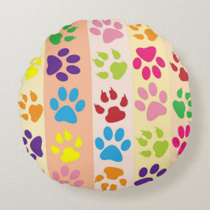 Playful Colourful Paw Prints Round Decorative Thro Cushion
