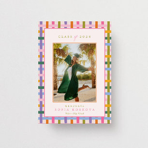 Playful Colourful Plaid Retro Photo Graduation Invitation