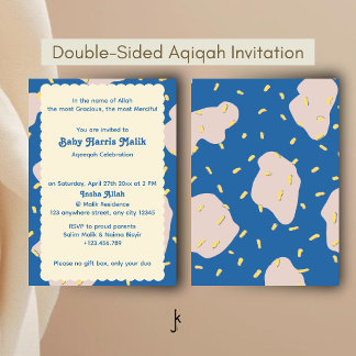 Playful Confetti Memphis Blob Style Blue Aqiqah Invitation