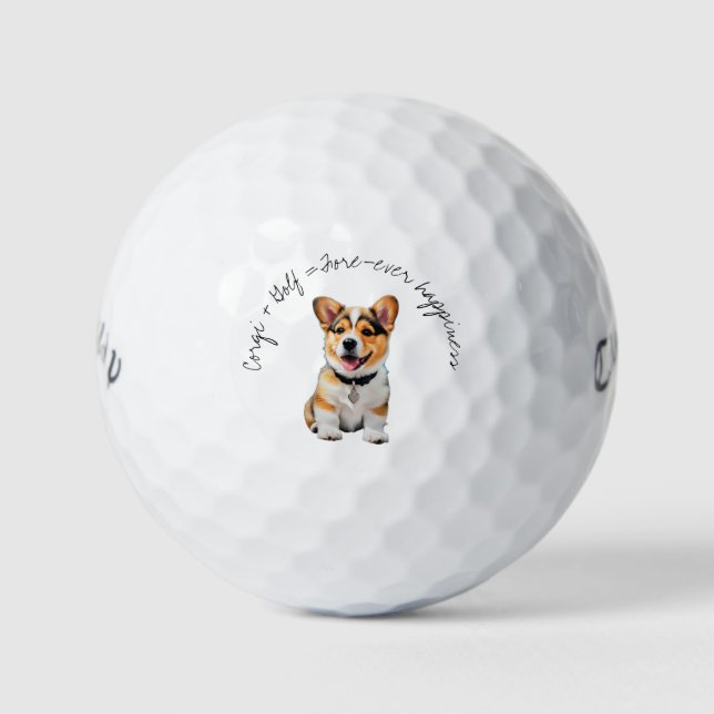 Playful Corgi 'Corgi + Golf = Fore-ever Happiness' Balls (Front)