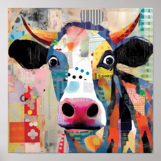 Playful Cow, an Artistic and Eclectic Collage Poster