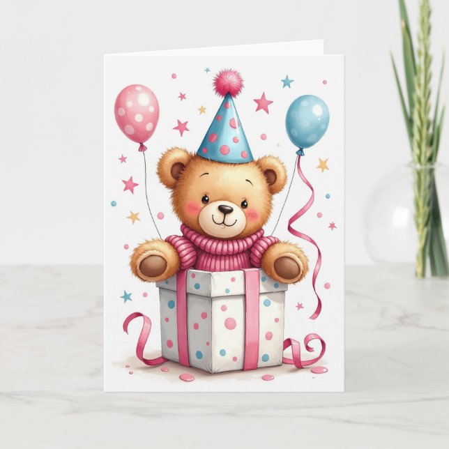 Playful Cub Gift Box Birthday Card (Front)