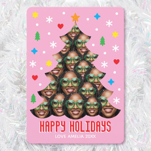 Playful Custom Photo Modern Christmas Tree Pink Holiday Card