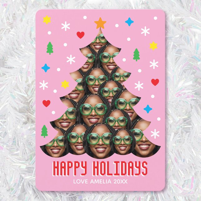 Playful Custom Photo Modern Christmas Tree Pink Holiday Card (Creator Uploaded)