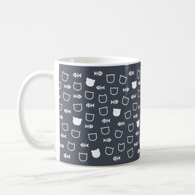 Playful Cute Charming White Cat Fishbone Pattern Coffee Mug (Left)