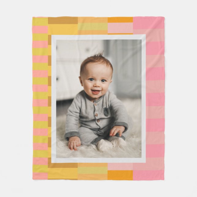 Playful Cute Pink and Yellow Stripes Custom Photo  Fleece Blanket (Front)