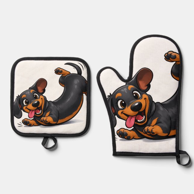 Playful Dachshund Puppy  Oven Mitt & Pot Holder Set (Front)