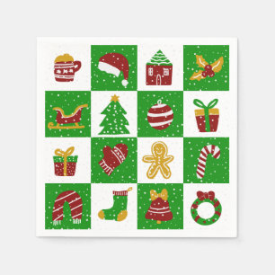 Playful Deep Green Christmas Patterned Squares  Napkin