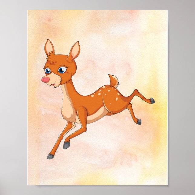 Playful Deer Cartoon Poster - Woodland Nursery Art (Front)