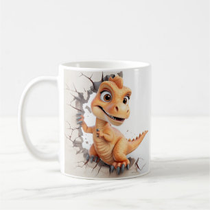 Playful Dinosaur Breaking Through Beige Wall Crack Coffee Mug