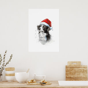 Playful Dog in Santa Hat with Snowflakes Poster