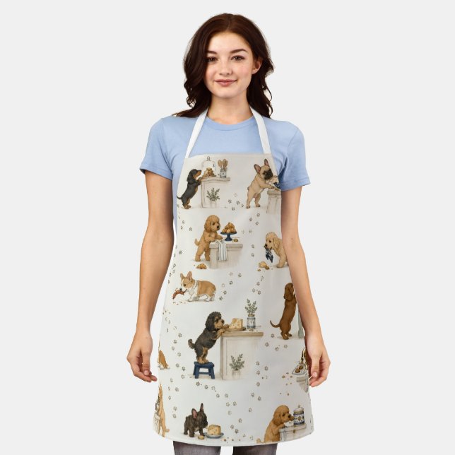 Playful Dog Lover Cartoon Puppy Pattern Apron (Worn)