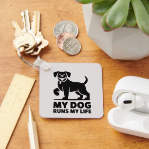 Playful Dog Outline "My Dog Runs My Life" Art Key Ring