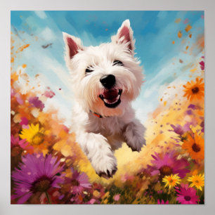 Playful Dog Running through Colorful Flowers Poster