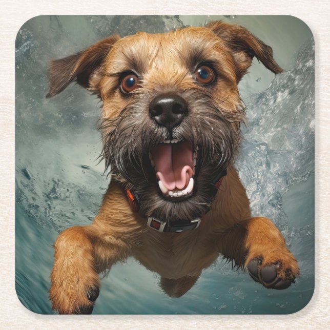 Playful Dog Swimming Underwater Design Square Paper Coaster (Front)