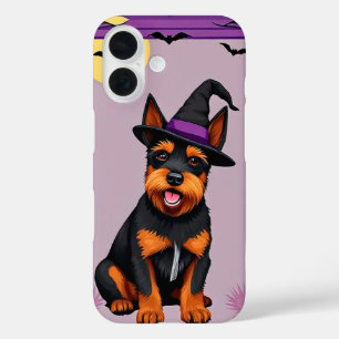 Playful dog wearing a witch's hat iPhone 16 case